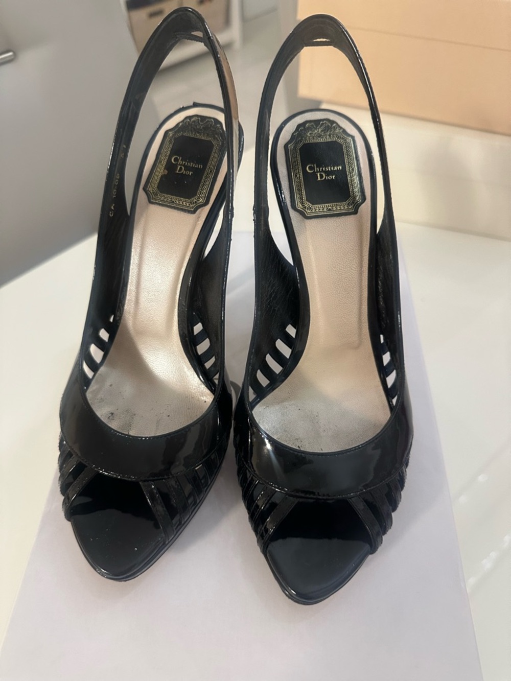 Dior Black Patent Leather Peep-Toe AUTHENTIC Slingback Heels